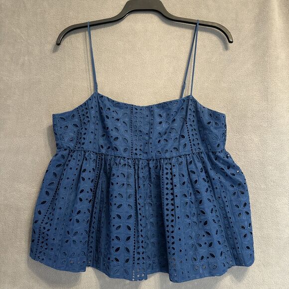 J. Crew Eyelet Camisole Babydoll Peplum Top Size XL Blue Preppy Beach Vacation - Picture 2 of 8